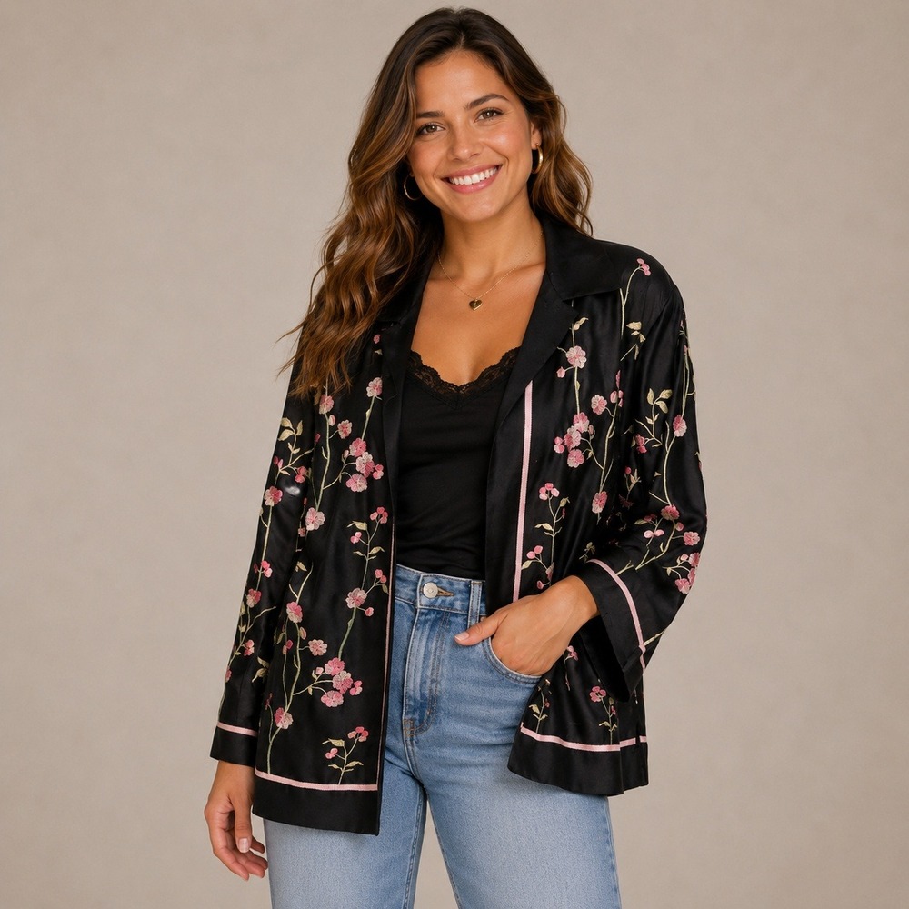 Drapers & Damons Petites Silk Embroidered Floral Blazer Jacket Black Pink PXL